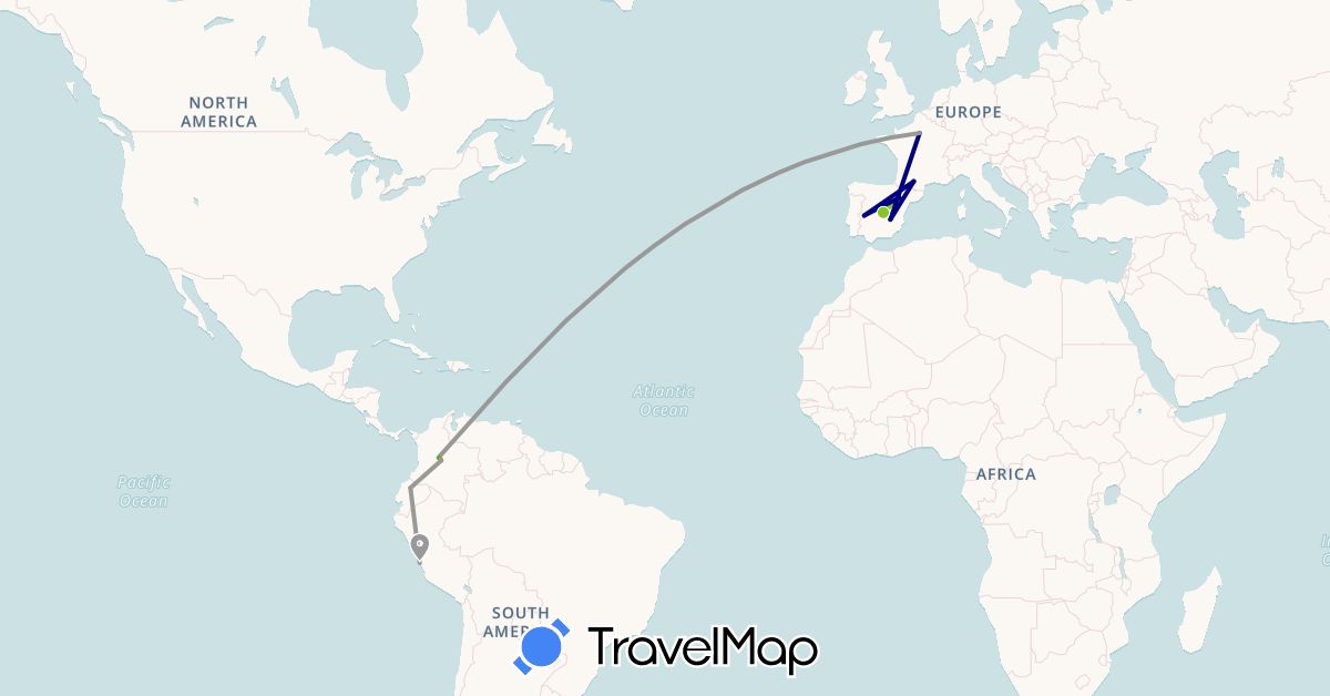 TravelMap itinerary: driving, bus, plane, hiking, hitchhiking, electric vehicle in Colombia, Ecuador, Spain, France, Peru (Europe, South America)